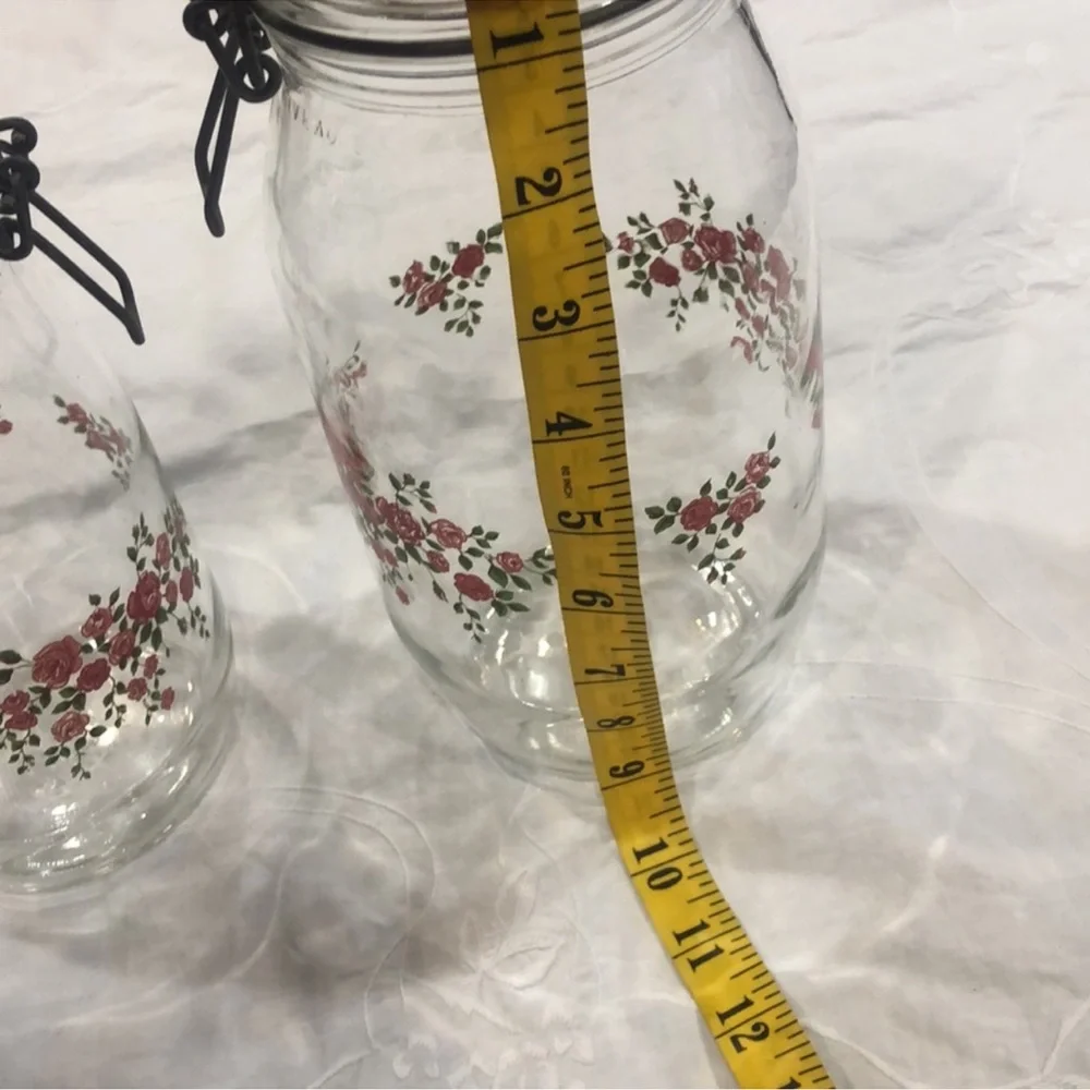 Vintage Arc France Pink Rose canisters 80's Glass Storage Jars with Lids